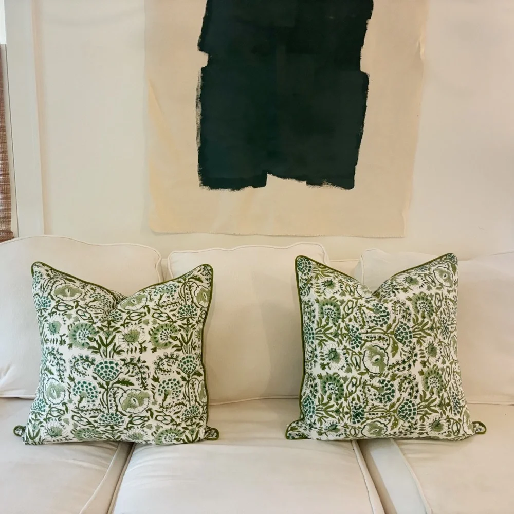 Pair of(2) block print green & white throw pillow covers 💚 🍀  20”x 20” - Picture 2 of 3